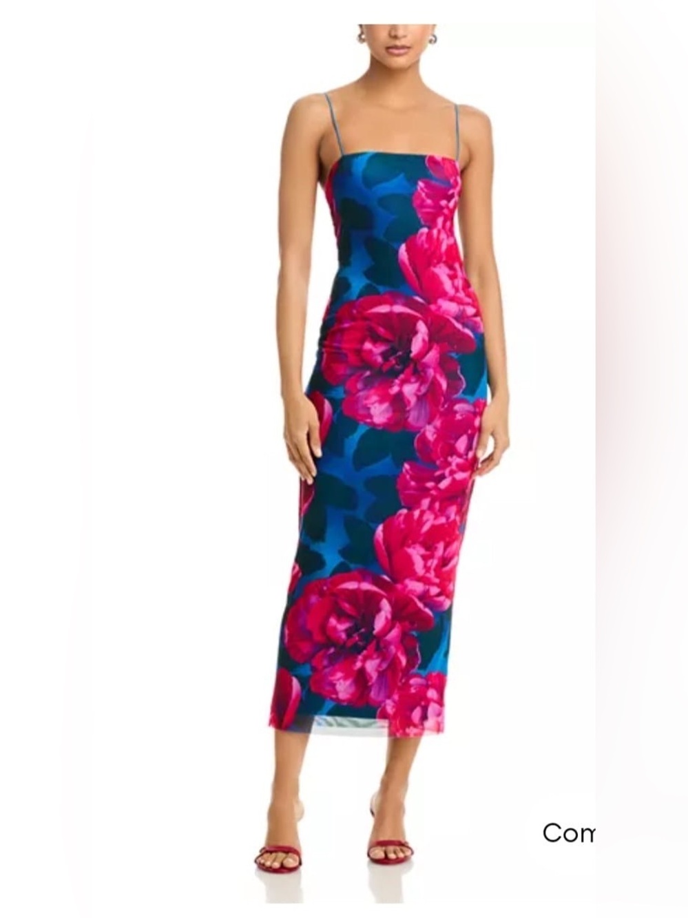 Aqua Teal Strapless Midi Dress with Fuchsia Floral Print